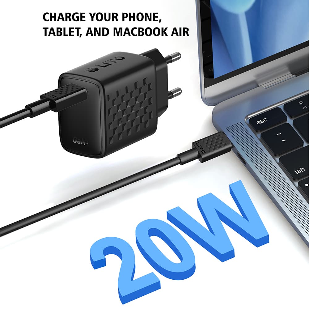 Lito Wall Charger LC13T s kabelem Type-C Type-C PD20W GaN PC ohnivzdorný EU zástrčka černý - náhled 3