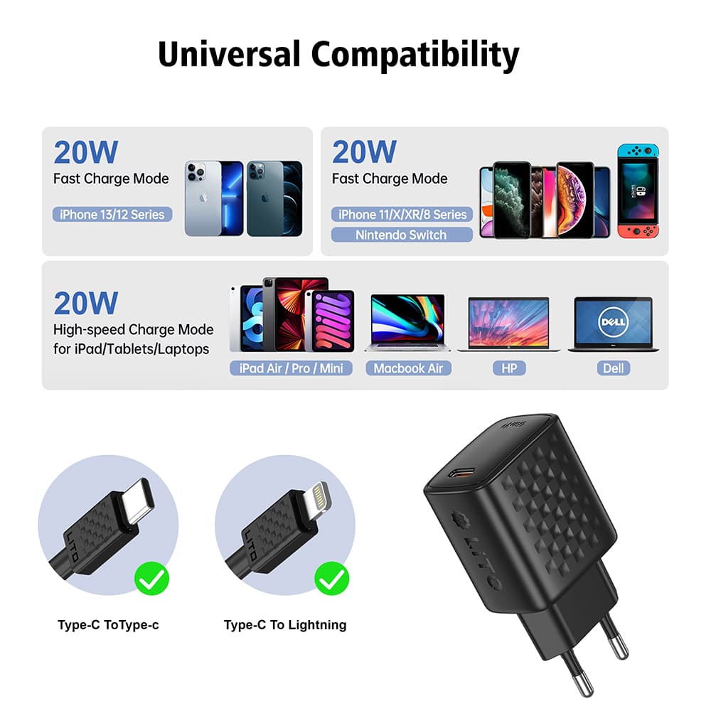 Lito nástěnná nabíječka LC13L s lightning kabelem USB-C PD20W GaN černá - náhled 3
