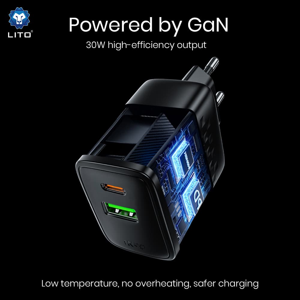 Lito Wall Charger LC19 Type-C USB výstup PD30W GaN PC nehořlavý EU zástrčka černá - náhled 3