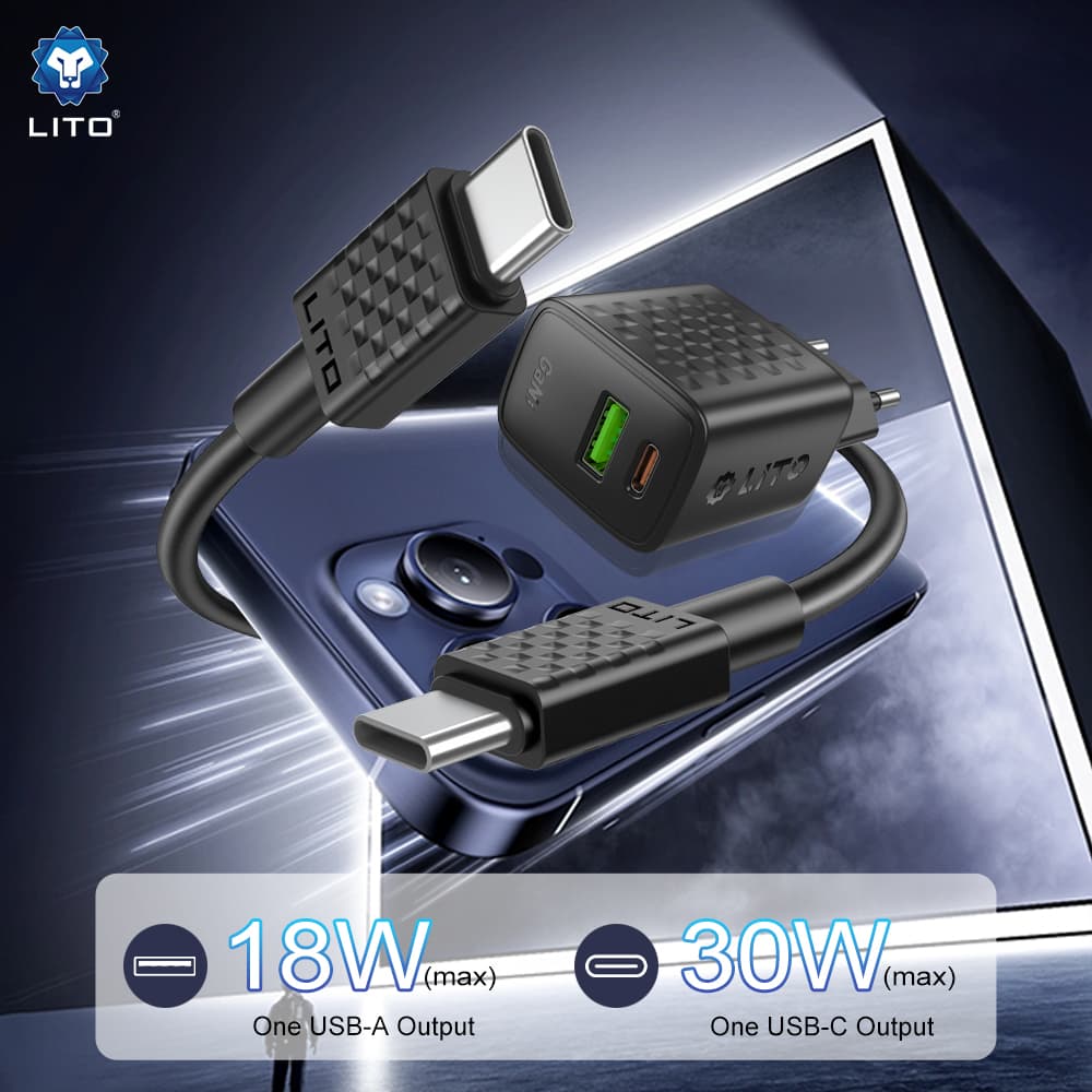 Lito Wall Charger LC19T s kabelem Type-C Type-C USB výstup PD30W GaN EU černá - náhled 3