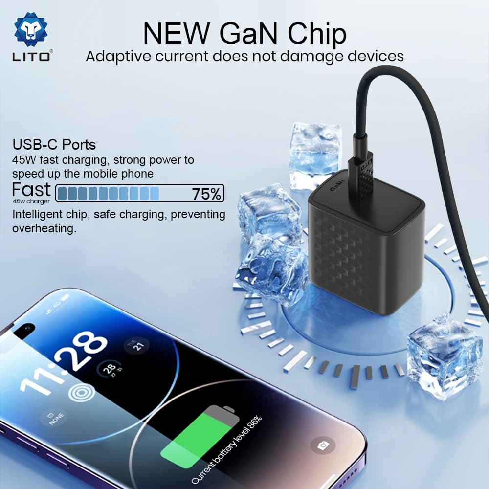 Lito Wall Charger LC20T s kabelem Type-C výstup Type-C PD45W GaN EU černá - náhled 3