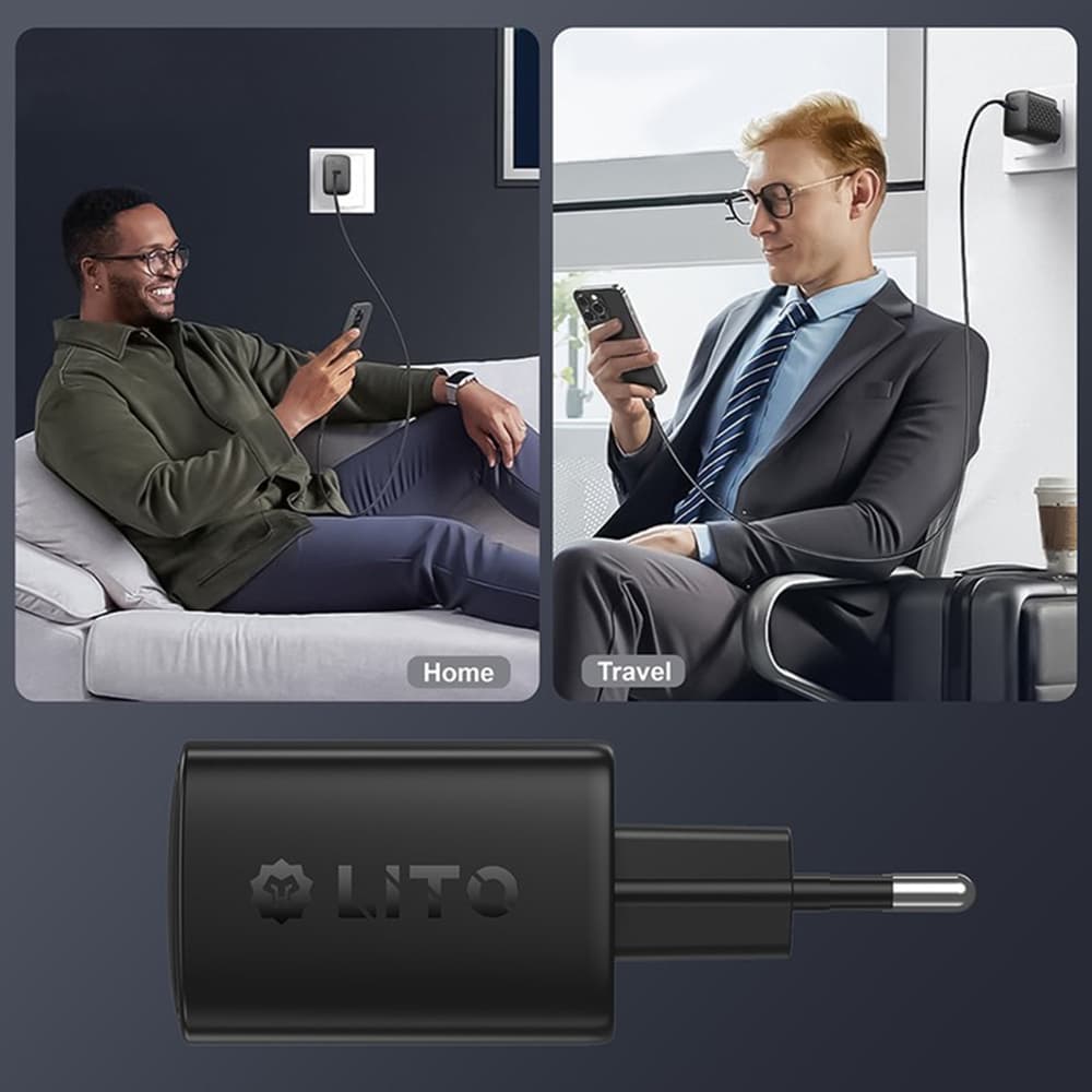 Lito Wall Charger LC22 2x Type-C výstup PD45W GaN PC nehořlavý EU zástrčka černá - náhled 3
