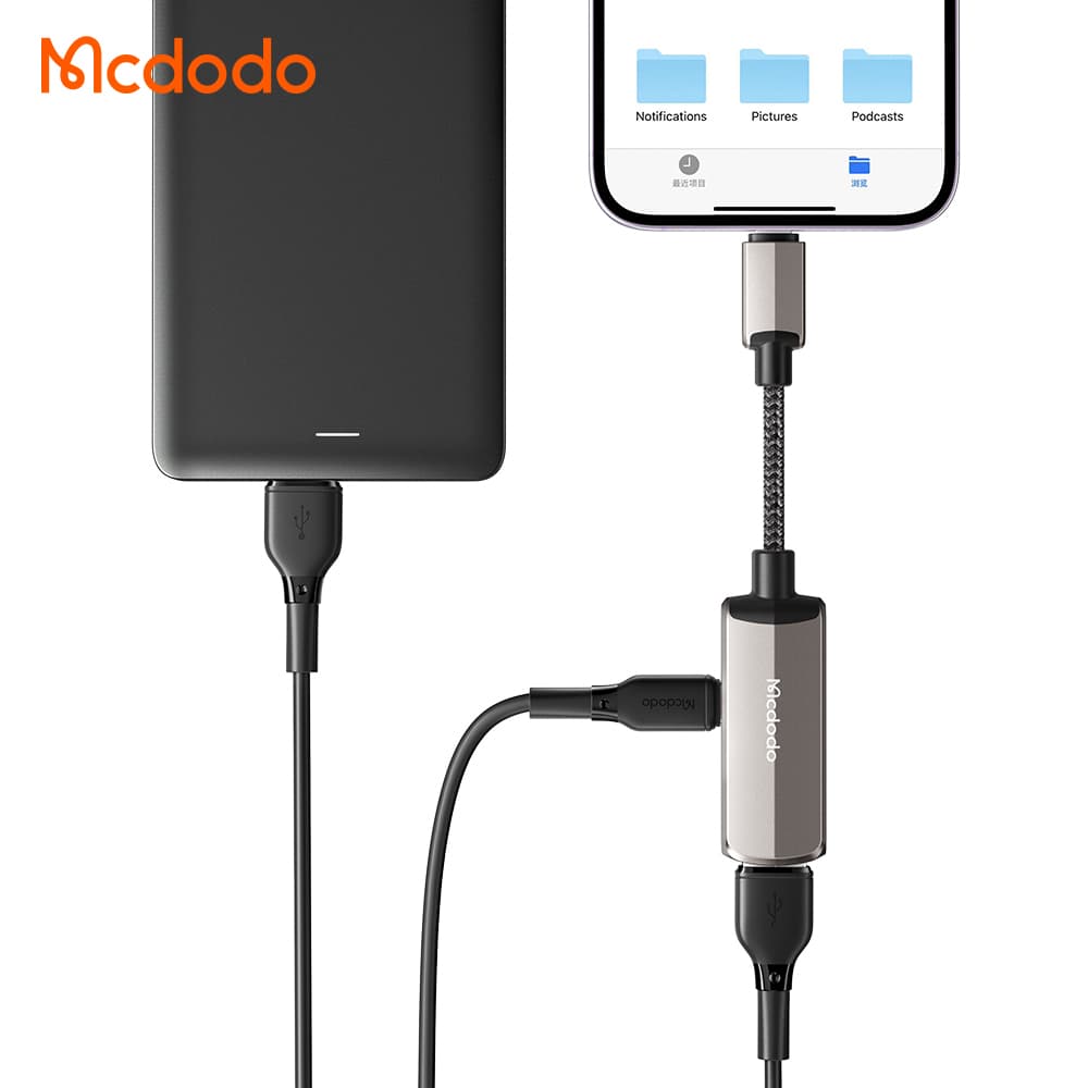 Mcdodo – OTG adaptér (CA-2690) – Lightning na USB, Lightning, hliníková slitina, nylon, 2,4 A – tmavě šedá - náhled 3