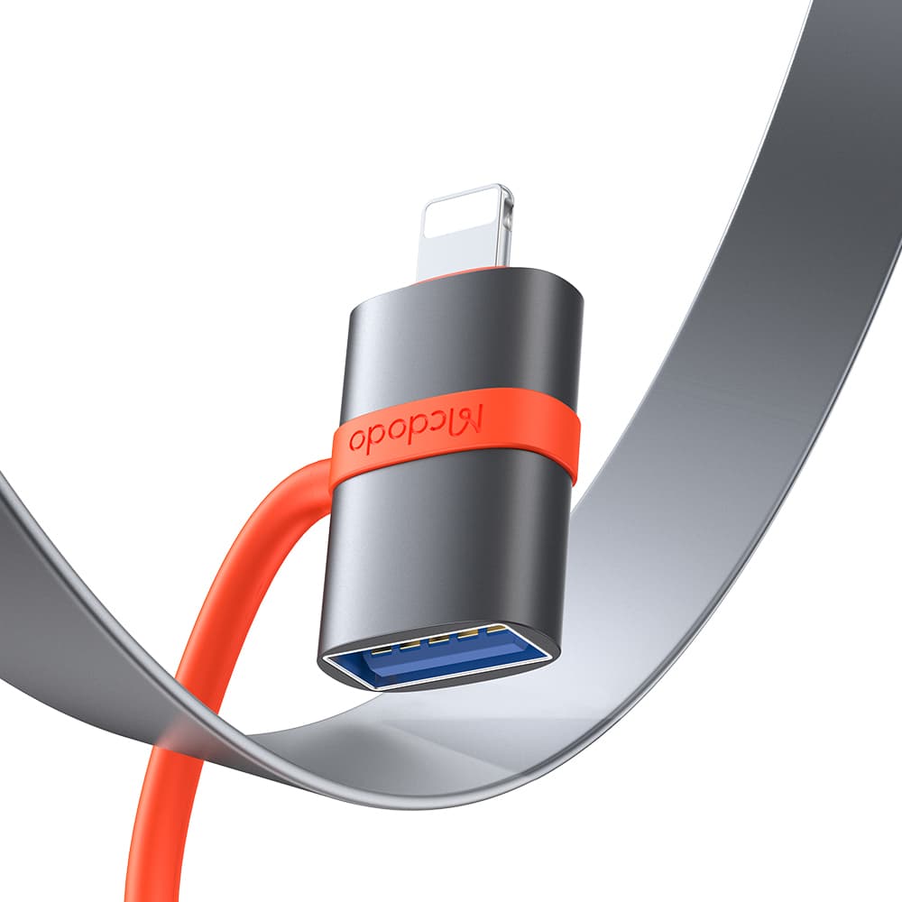Mcdodo – adaptér (OT-2600) – se silikonovým háčkem, hliníkovou slitinou, USB na Lightning, 480 Mb/s, přenosný design – šedá - náhled 3