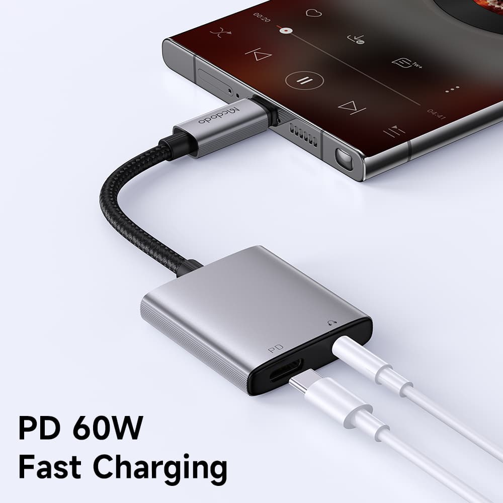 Mcdodo – audio adaptér řady Wales (CA-5050) – USB-C na USB-C, DC 3,5 mm, hliníková slitina, nylon, PD60W, 12,5 cm – šedá - náhled 3