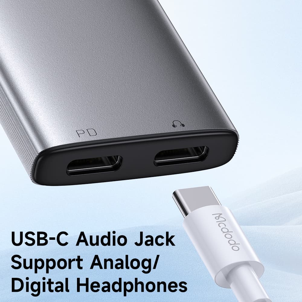 Mcdodo – audio adaptér řady Wales (CA-5570) – USB-C na USB-C, hliníková slitina, nylon, vysoké rozlišení, PD60W, 12,5 cm – šedá - náhled 3