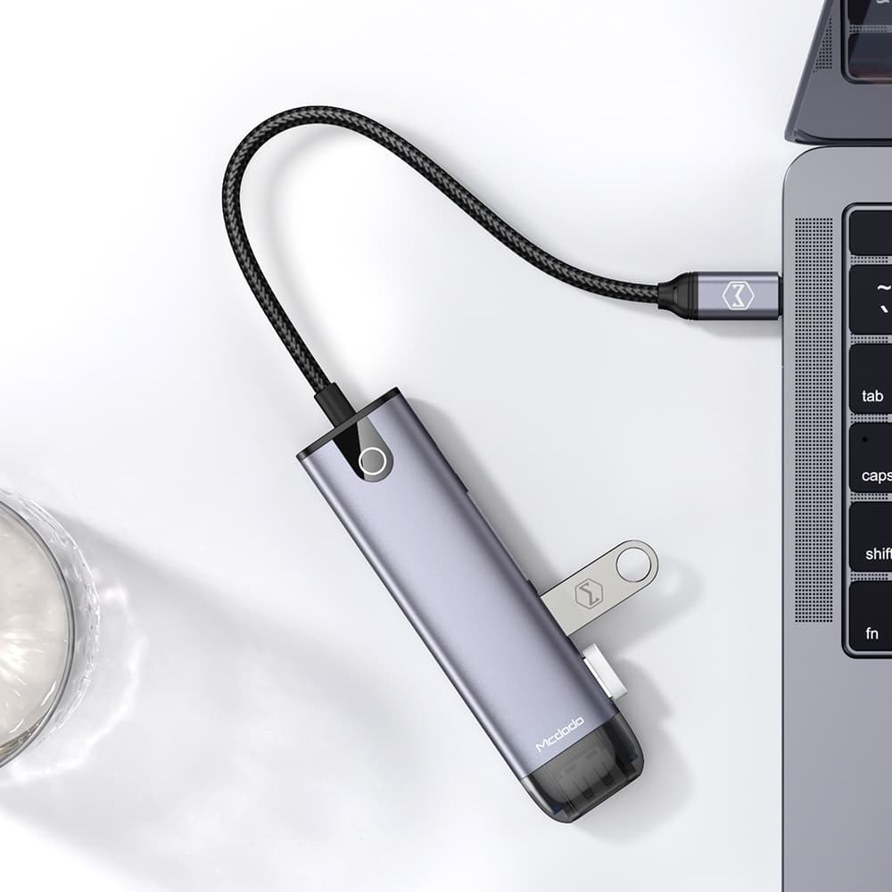 Mcdodo – rozbočovač (HU-7740) – 6v1, 2x USB3.0, Type-C PD100W, HDMI 4K, slot na SD/TF kartu, 5Gbps, 2TB, kabel Type-C – šedá - náhled 3