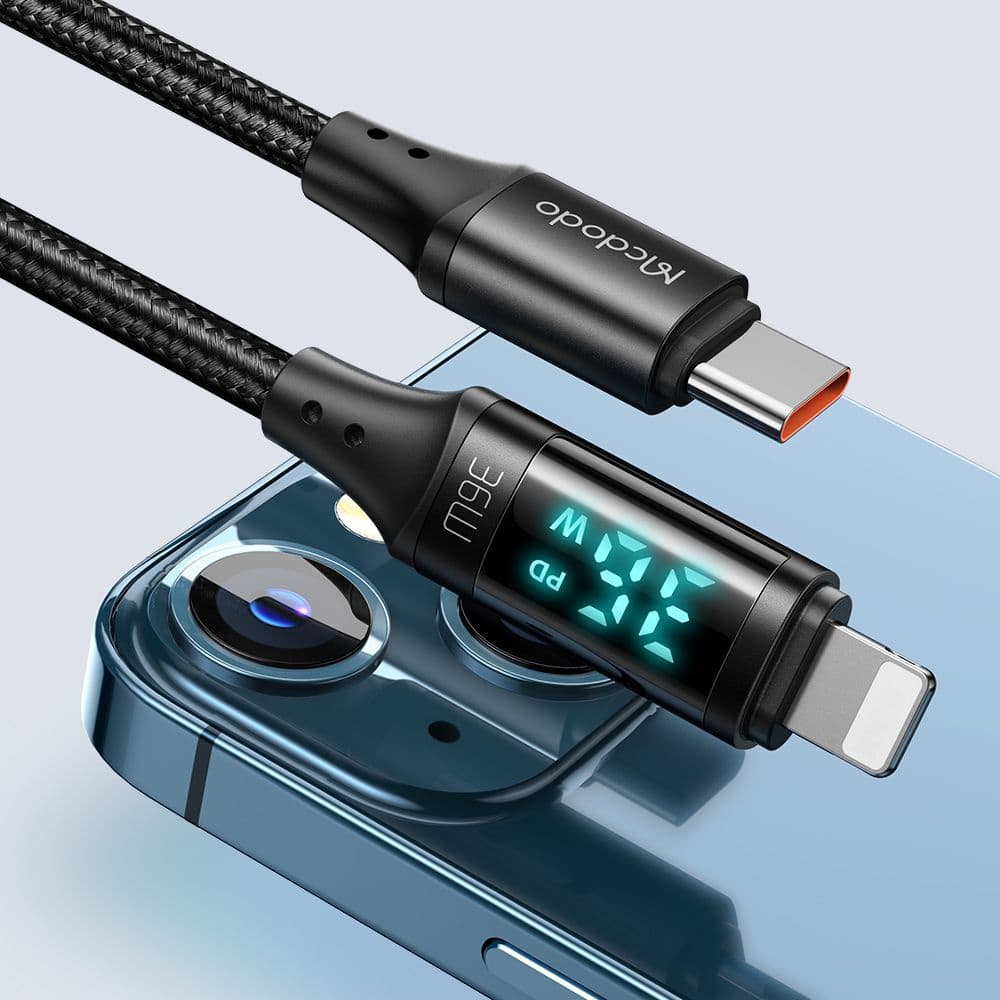 Mcdodo – datový kabel (CA-1030) – USB-C na lightning, s digitálním displejem, nylonový oplet, hliníková slitina, 36W, 1,2m – černý - náhled 3