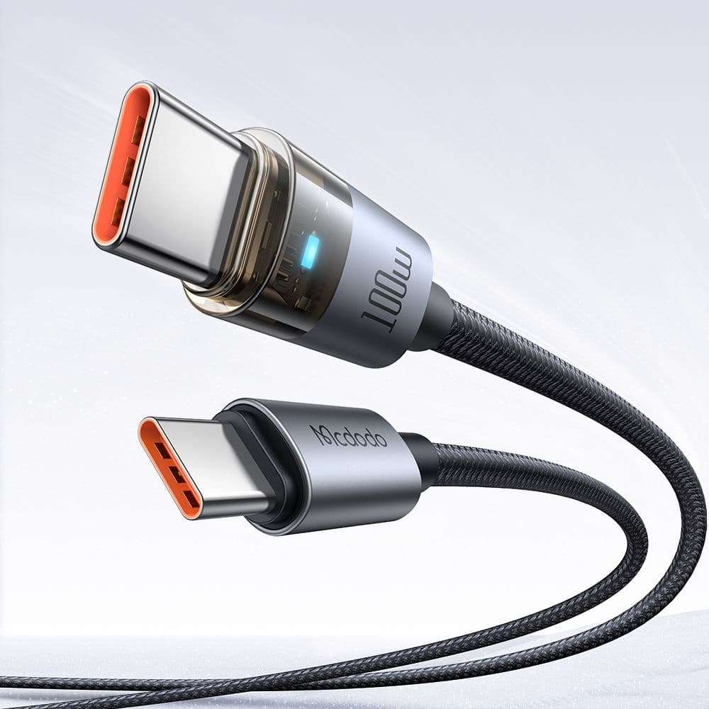 Mcdodo – datový kabel (CA-5580) – s nabíjecím světlem, USB-C na USB-C, průhledný kabel, 100W, 1,2m – černý - náhled 3