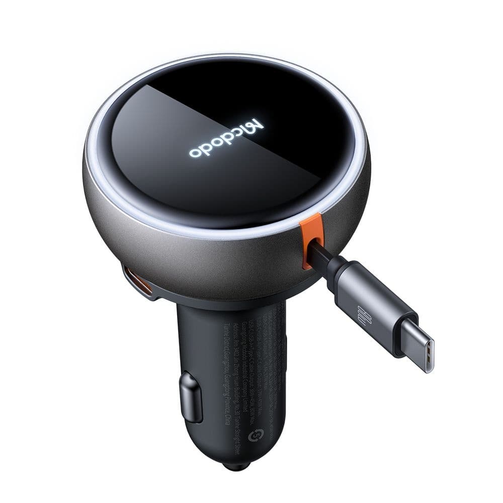 Mcdodo – nabíječka do auta (CC-4850) – s výsuvným kabelem USB-C, 80W, duální port, světelný indikační kroužek, 80cm – černá - náhled 3