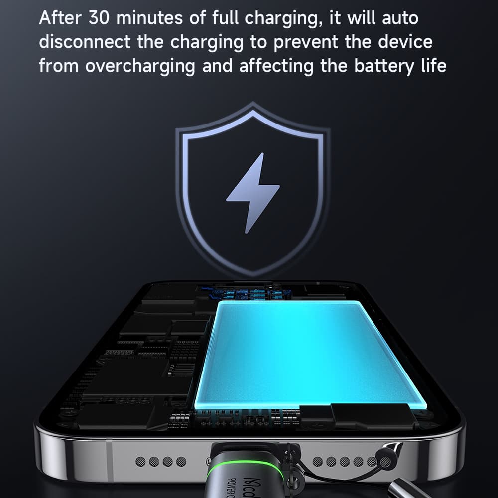 Mcdodo - adaptér s automatickým vypnutím (OT-2590) - USB-C na Lightning, 36W, 3A, 480Mbps, čip E-Mark, rychlé nabíjení, poutko - černý - náhled 3
