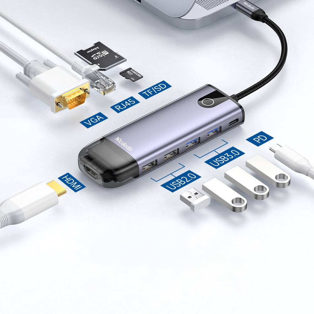 Mcdodo – rozbočovač (HU-7420) – 10v1, 2x USB2.0, 2x USB3.0, USB-C PD100W, VGA, HDMI 4K, LAN, slot SD/TF, 5Gbps, kabel Type-C – šedá - náhled 3