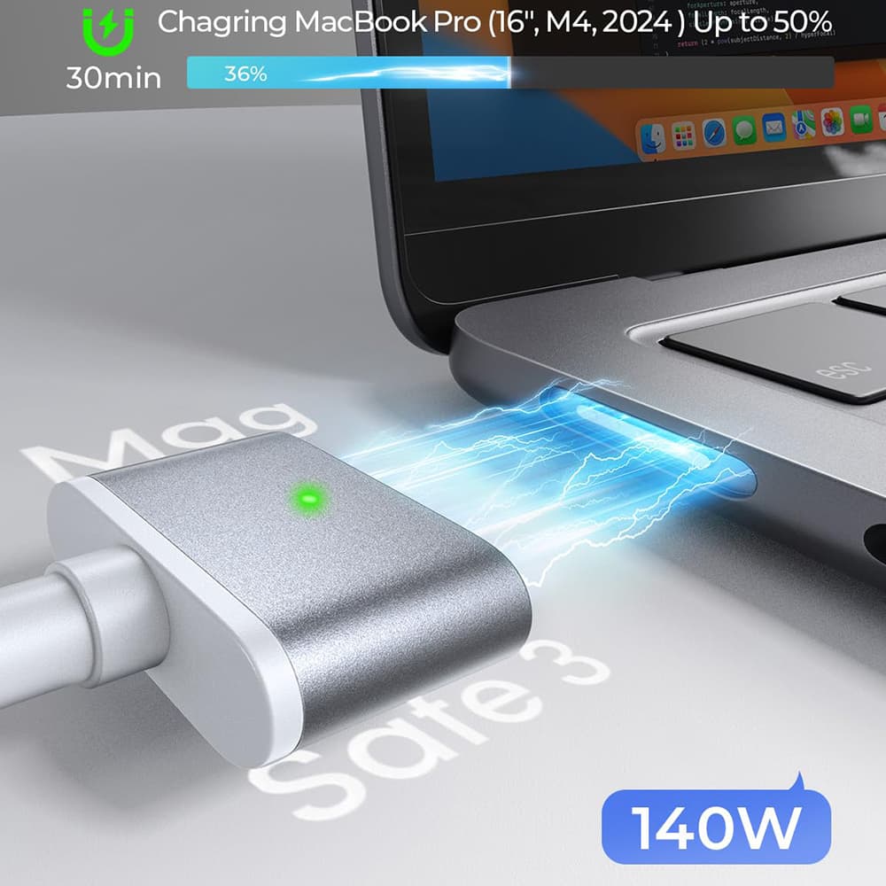 Lisen - datový kabel (YL0123070001) - Type-C na MagSafe 3, pro MacBook, 140 W, superrychlé nabíjení, opletený, 2 m - stříbrná - náhled 3