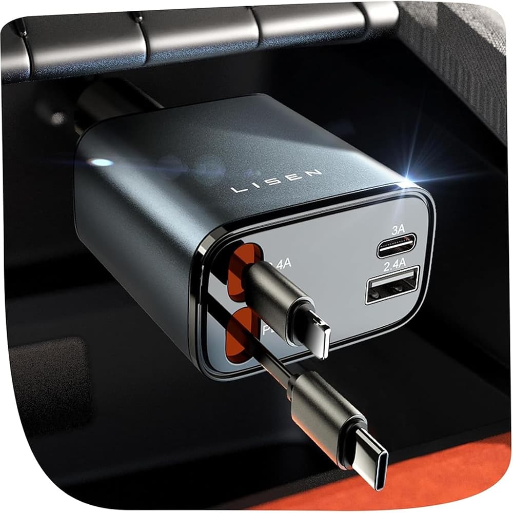 Lisen - nabíječka do auta (YL0224040031) - 4v1, USB, Type-C, se zatahovacím kabelem USB-C a Lightning, hliníková slitina - černá - náhled 3