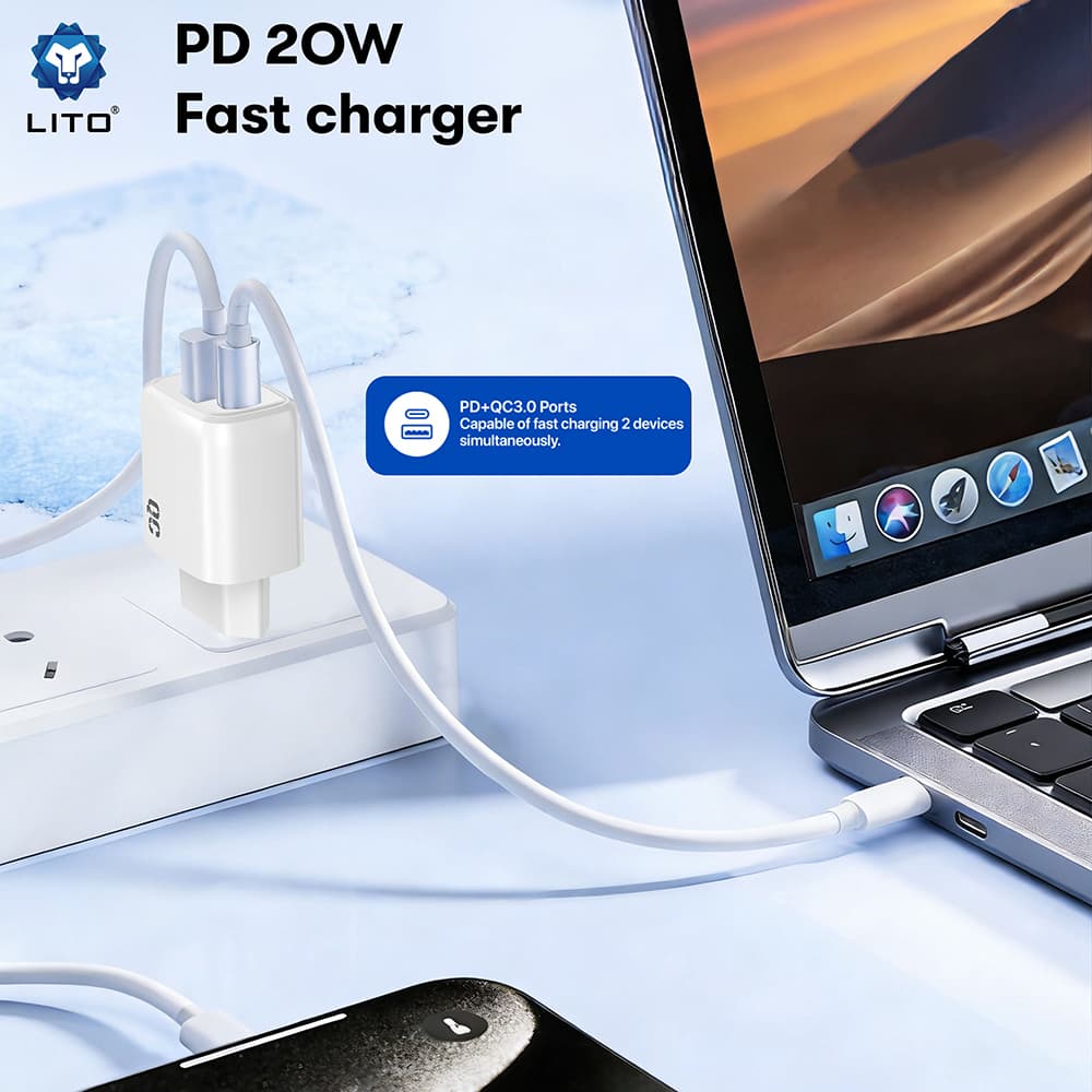 Síťová nabíječka Lito - Wall Charger (LC28) - Type-C, USB, PD20W, Charge, PC Fireproof, 5V/3A - bílá - náhled 3