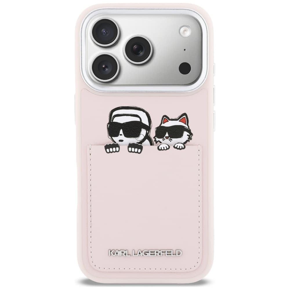 Karl Lagerfeld - Pevný kožený kryt s potiskem K&amp;C a kapsou (KLHCP17X6PCSPKCP) pro iPhone 17 Pro Max - růžová - náhled 3