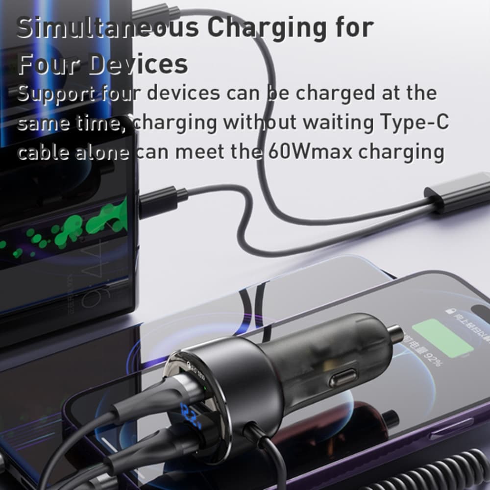 Yesido Y58 Nabíječka do auta USB Type-C kabely Lightning Type-C 60W Šedá - náhled 3
