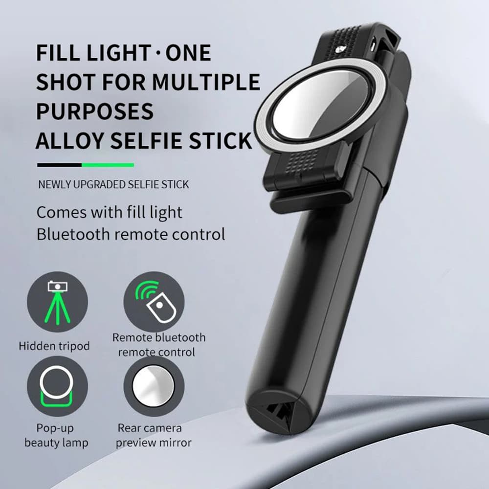 Techsuit K13 Selfie tyč Bluetooth LED Stativ Skládací Černá - náhled 3