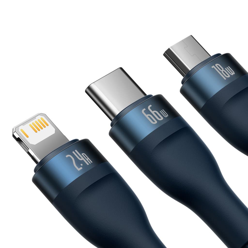 Kabel Baseus Flash Series II 3 v 1 - USB Type C, Lightning, Micro USB - 66W 6A 1,2 metru (CASS040003) modrý - náhled 3