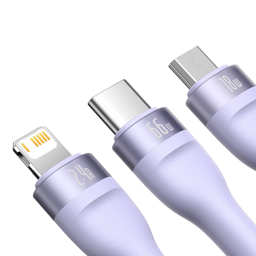 Kabel Baseus Flash Series II 3 v 1 - USB Type C, Lightning, Micro USB - 66W 6A 1,2 metru (CASS040005) fialový - náhled 3