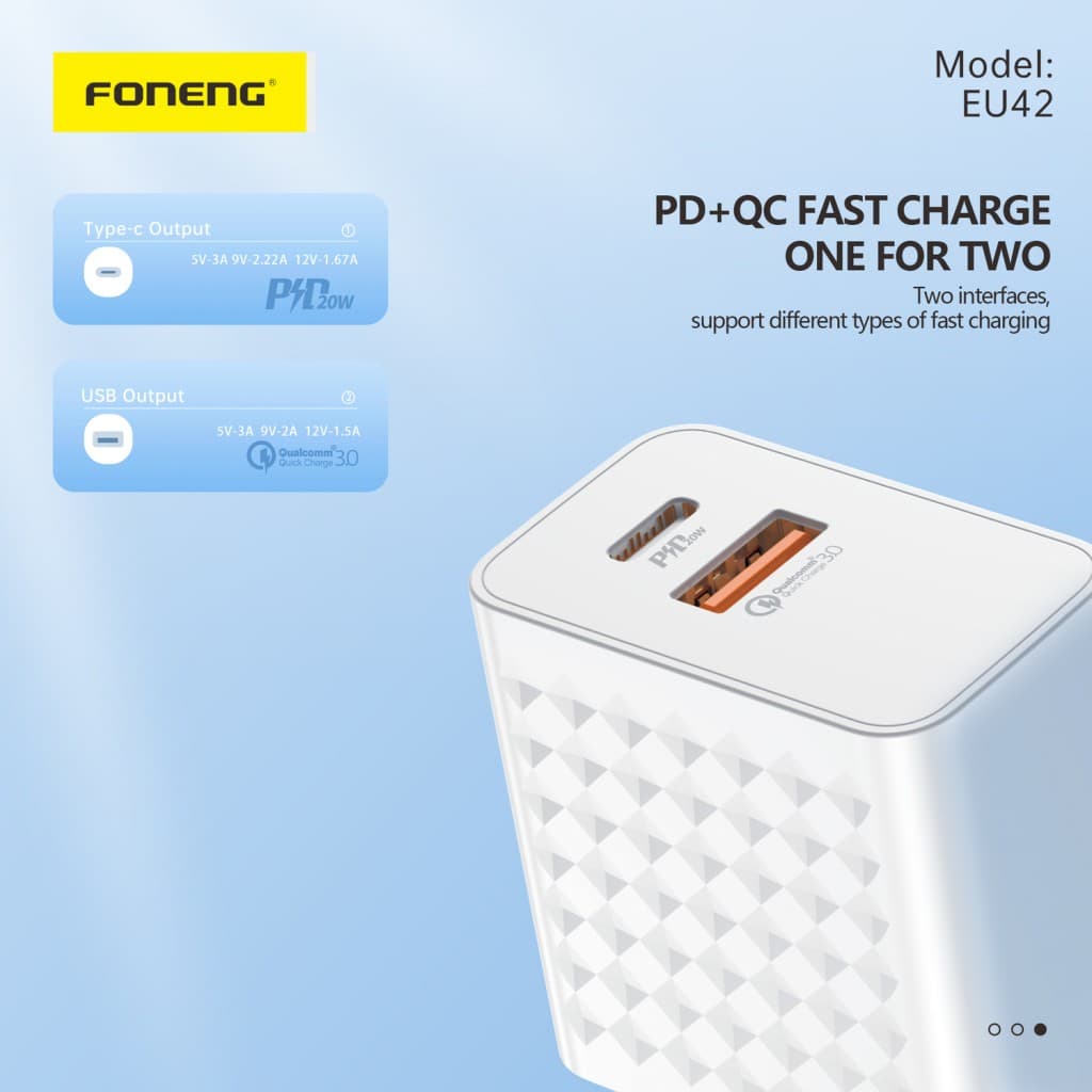 Adaptér Foneng EU42 GaN - USB + Type C - PD 20W 3A bílý - náhled 3