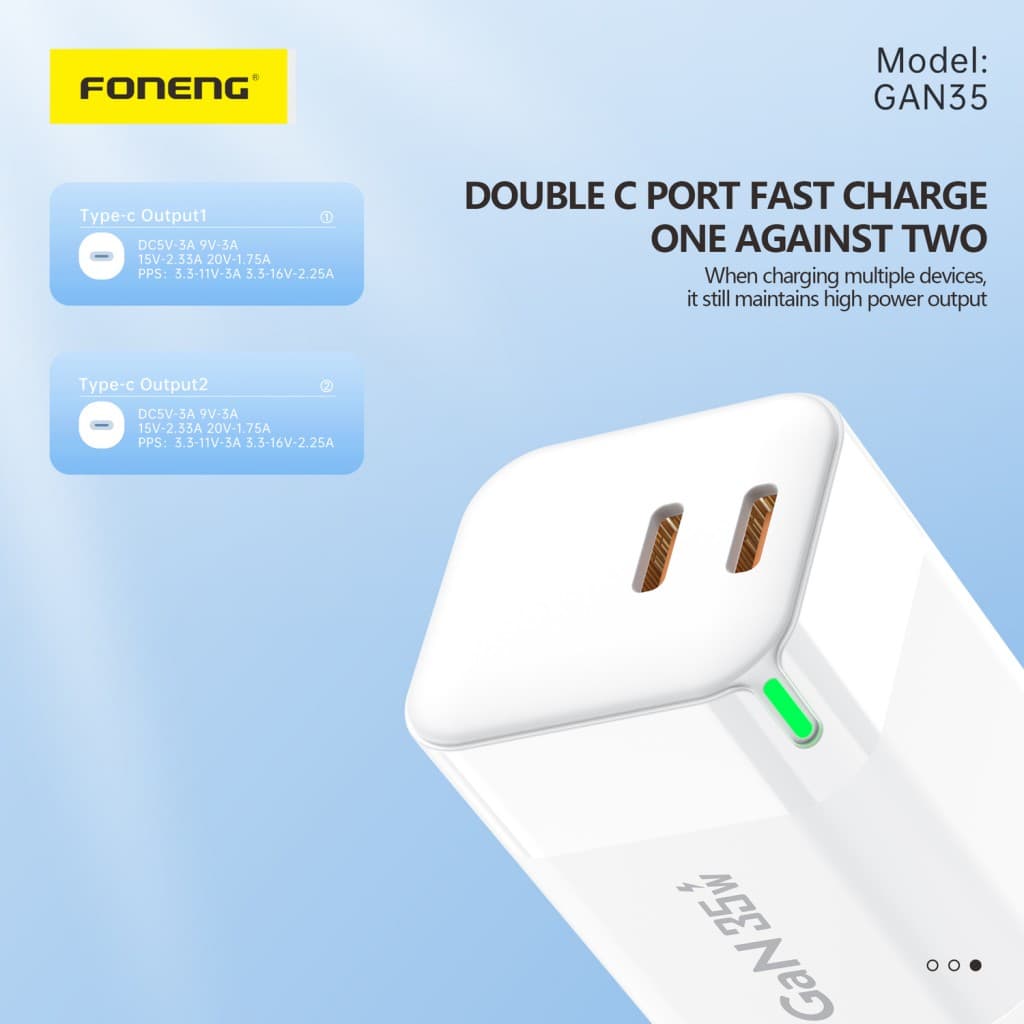 Adaptér Foneng GAN35 GaN - 2xTyp C - PD 35W 3A bílý - náhled 3