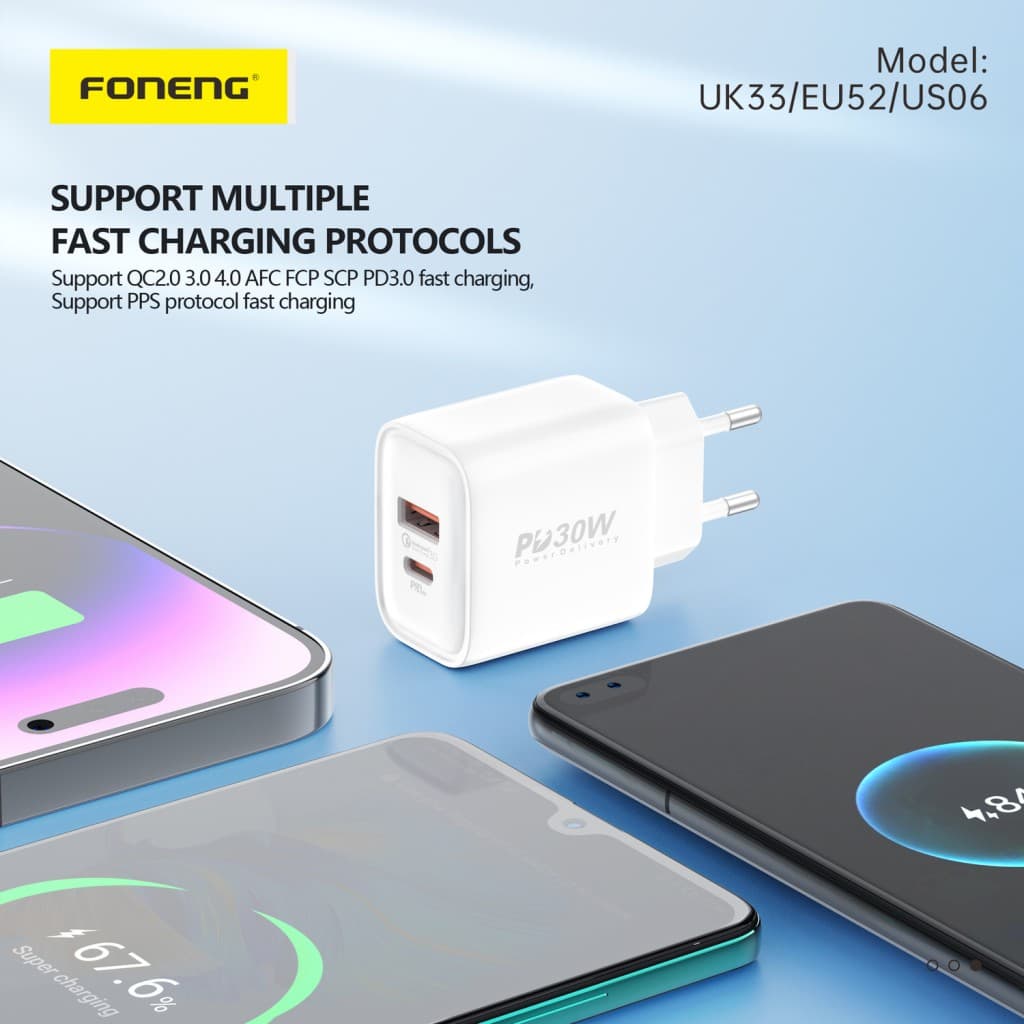 Adaptér Foneng EU52 s funkcí rychlonabíjení Dual 30W bílý - náhled 3