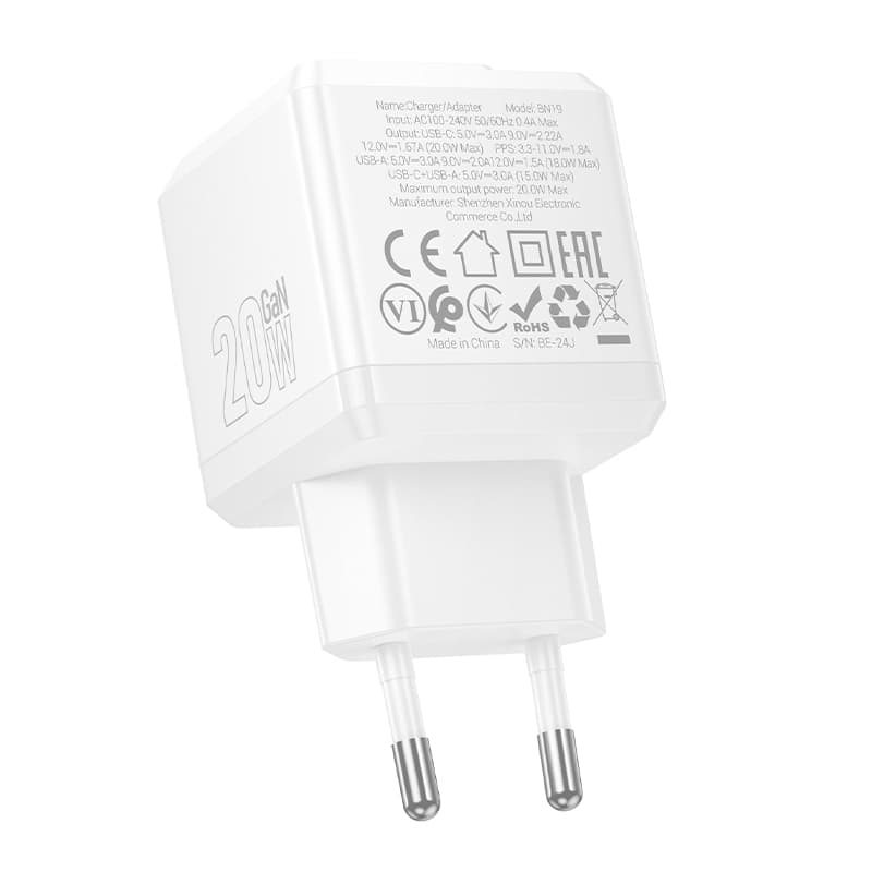 Adaptér Borofone BN19 Intenso GaN s funkcí rychlonabíjení PD 20W QC 3.0 3A bílý - náhled 3