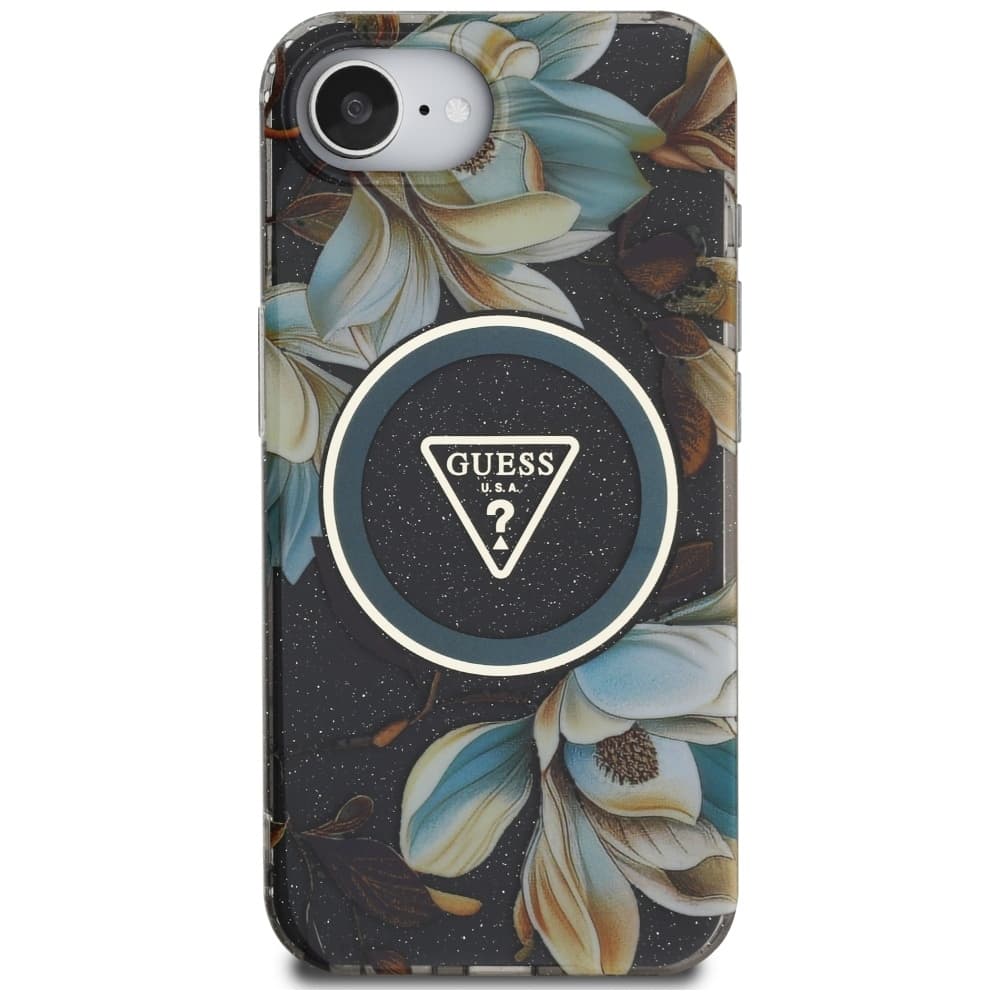 Zadní kryt GUESS IML Metal Glitter Flowers Triangle MagSafe pro iPhone 16e black - náhled 3