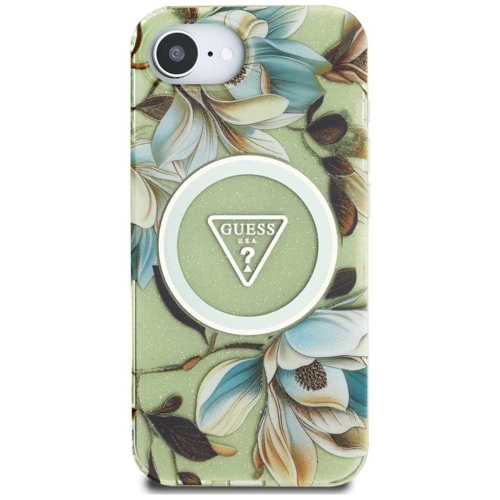 Zadní kryt GUESS IML Metal Glitter Flowers Triangle MagSafe pro iPhone 16e green - náhled 3