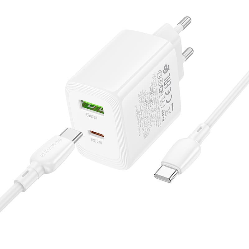 Rychlonabíječka Borofone BN30 Cargador GaN - USB + Type C QC 3.0 PD 45W s kabelem Type C bílá - náhled 3