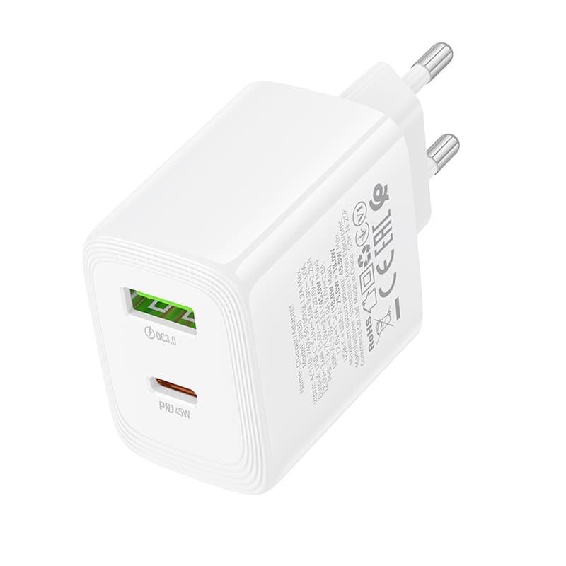 Adaptér Borofone BN30 Cargador GaN – USB + Type C – QC 3.0 PD 45W bílý - náhled 3