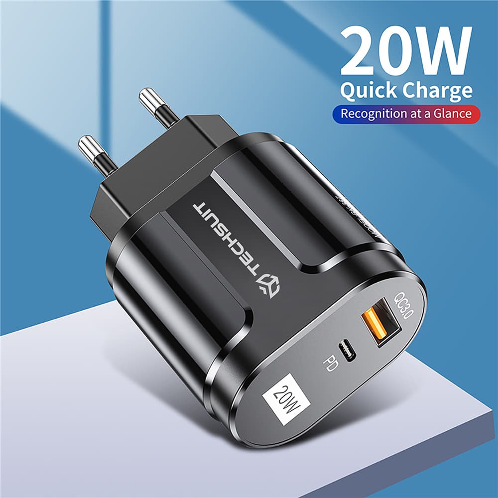 Techsuit Síťová nabíječka CHPD038 USB-A QC 3.0 USB-C 20W Černá - náhled 4