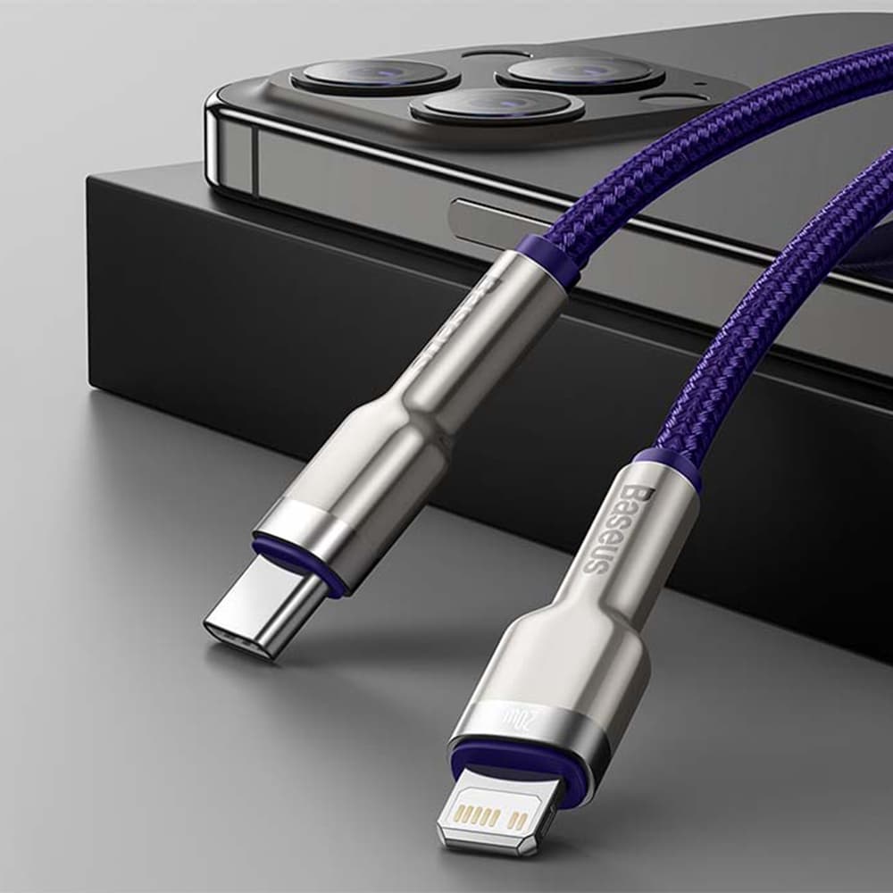 Datový kabel Baseus Cafule Series Metal (CATLJK-A05) – Type-C na Lightning, rychlé nabíjení PD20W, 480Mbps, 2.4A, 1m – fialový - náhled 4