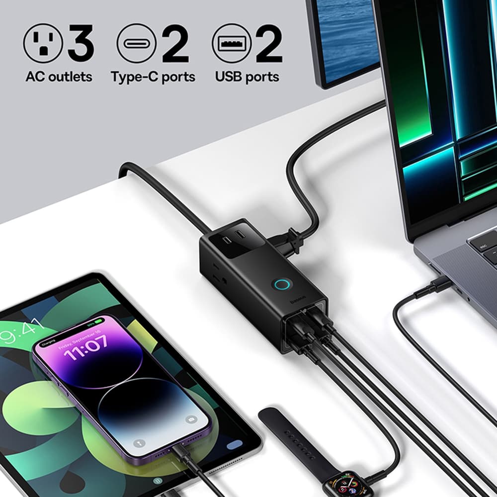Baseus PowerCombo nabíječka 3xAC 2xUSB 2xType-C 65W - náhled 4