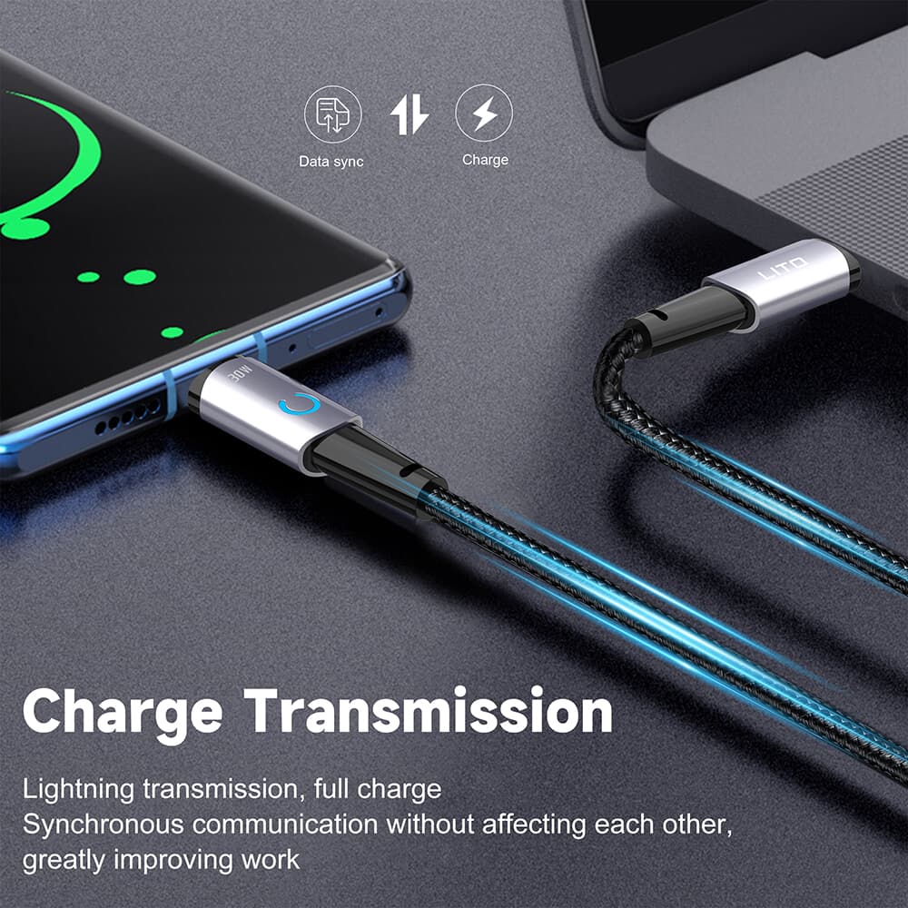 Lito - Datový kabel (LD10CC) - Type-C na Type-C Rychlé nabíjení 60W LED světlo 1m černý - náhled 4