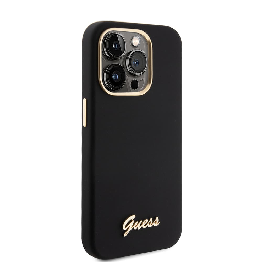 Guess - silikonový kryt s kovovým logem a rámečkem iPhone 15 Pro černý - náhled 4