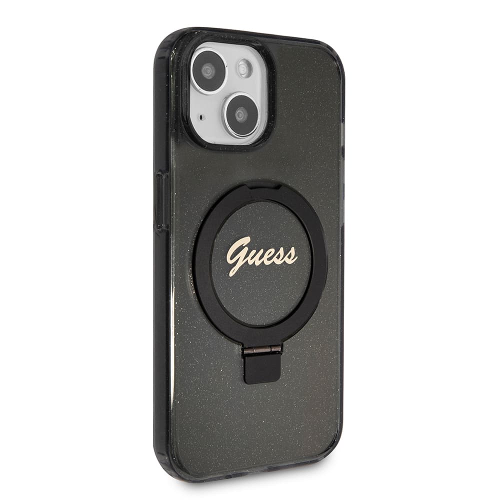 Guess Ring Stand Script Glitter MagSafe iPhone 15 černý - náhled 4