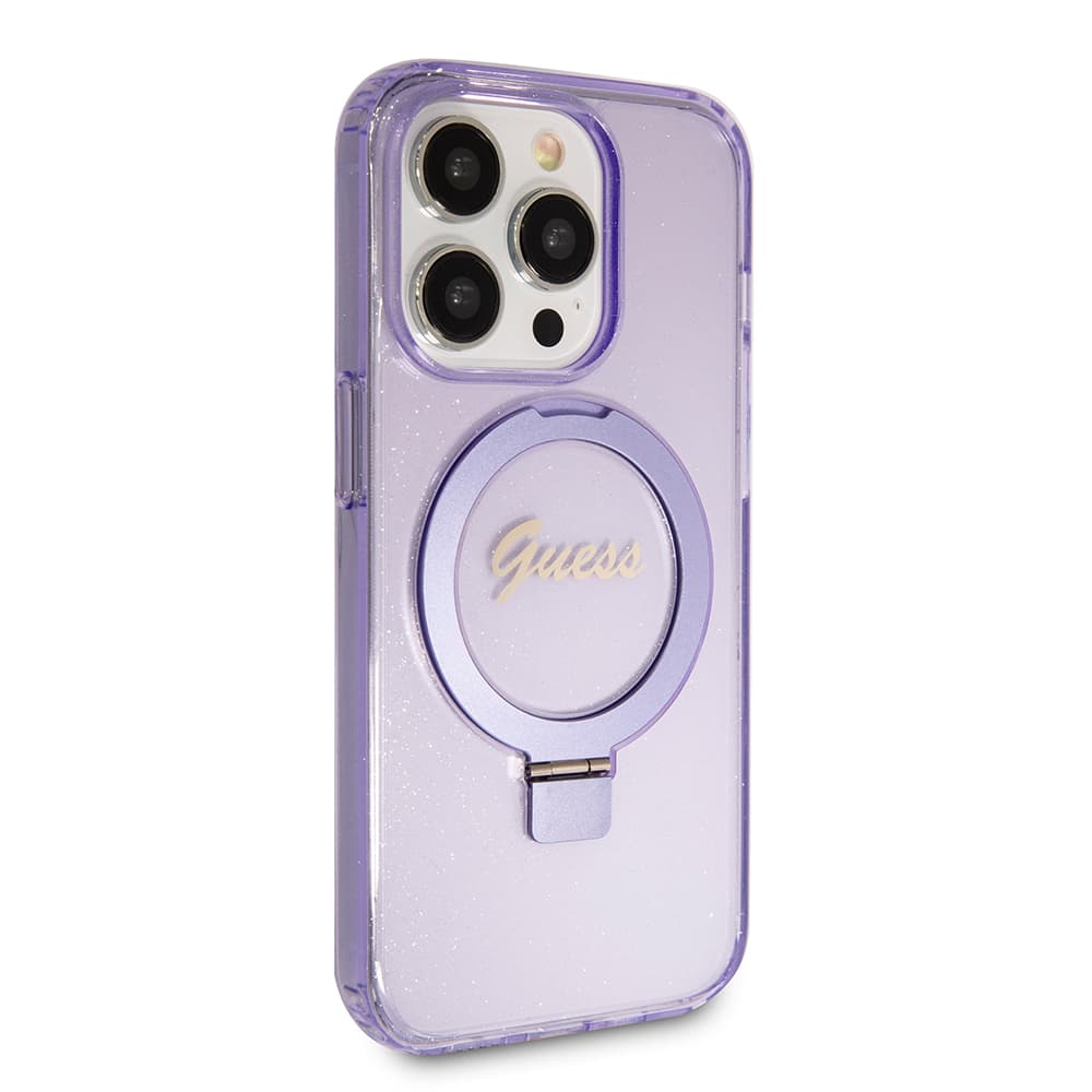 Guess Ring Stand Script Glitter MagSafe iPhone 15 Pro fialová - náhled 4