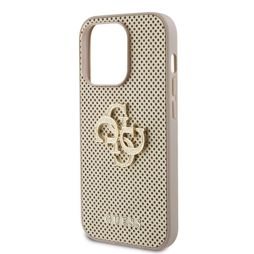 Guess - Kožený Perforovaný 4G iPhone 15 Pro Zlatá - náhled 4