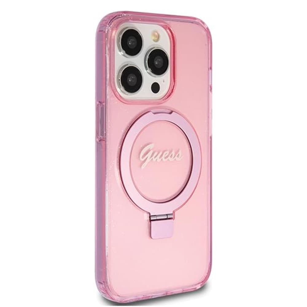 Guess Ring Stand Script Glitter MagSafe iPhone 15 Pro Růžová - náhled 4