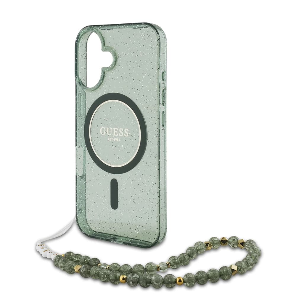 Guess IML Glitter s perlovým řemínkem MagSafe iPhone 16 Plus zelená - náhled 4