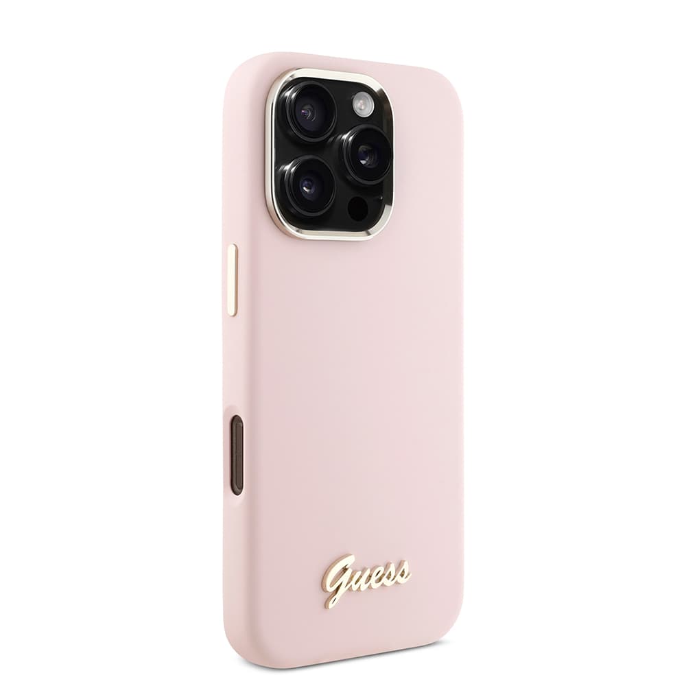 Guess - silikonový kryt s kovovým logem a rámečkem iPhone 16 Pro růžový - náhled 4