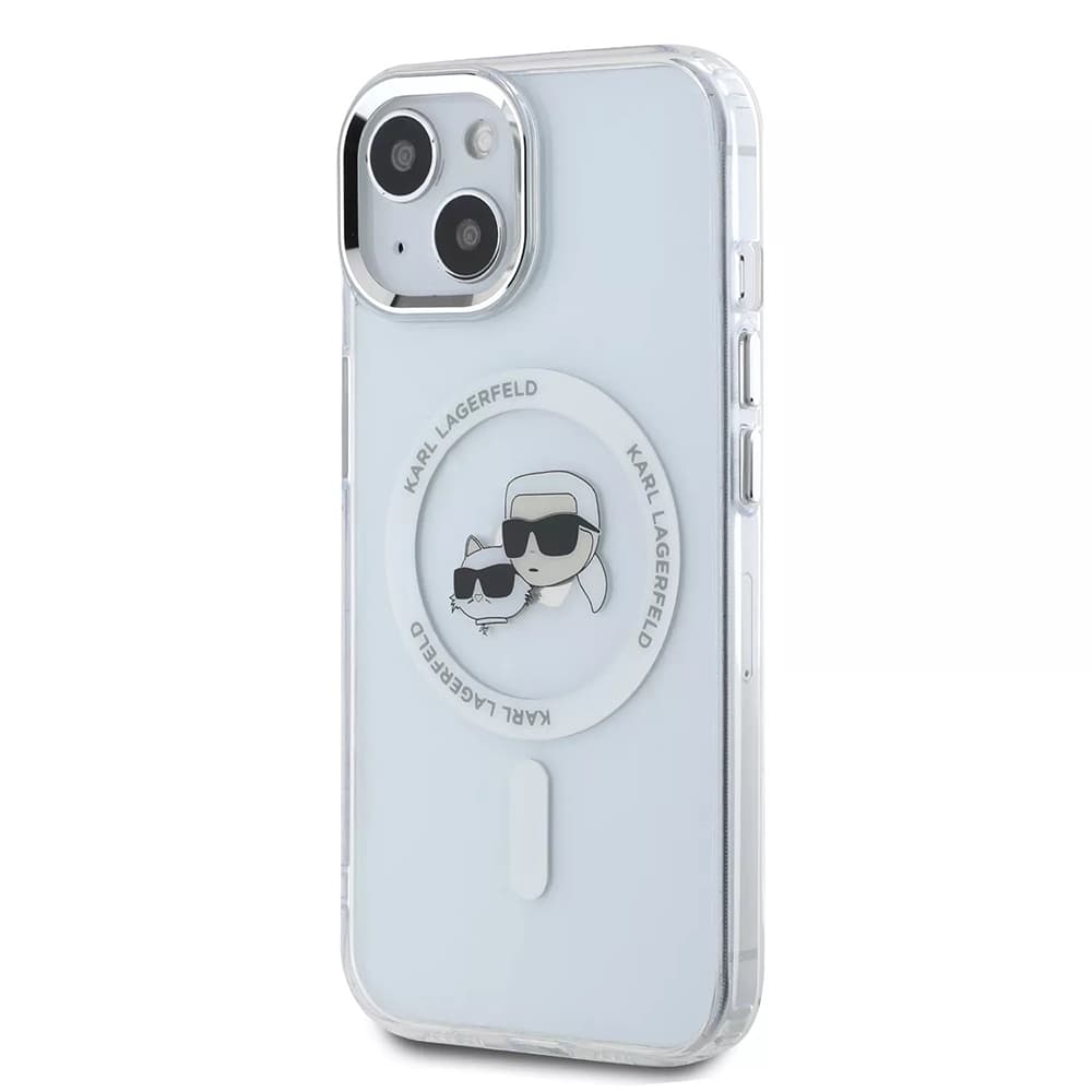 Karl Lagerfeld IML MagSafe iPhone 15 Bílý Metal Karl&amp;Choupette Heads - náhled 4