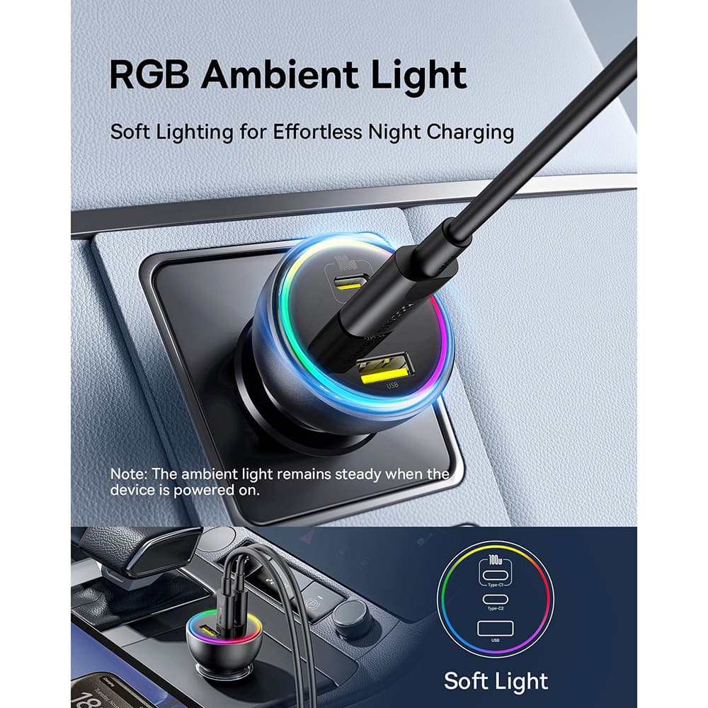 Baseus Car Charger 2x USB-C USB 152.5W Rychlé Nabíjení RGB USB-C Kabel Černá - náhled 4