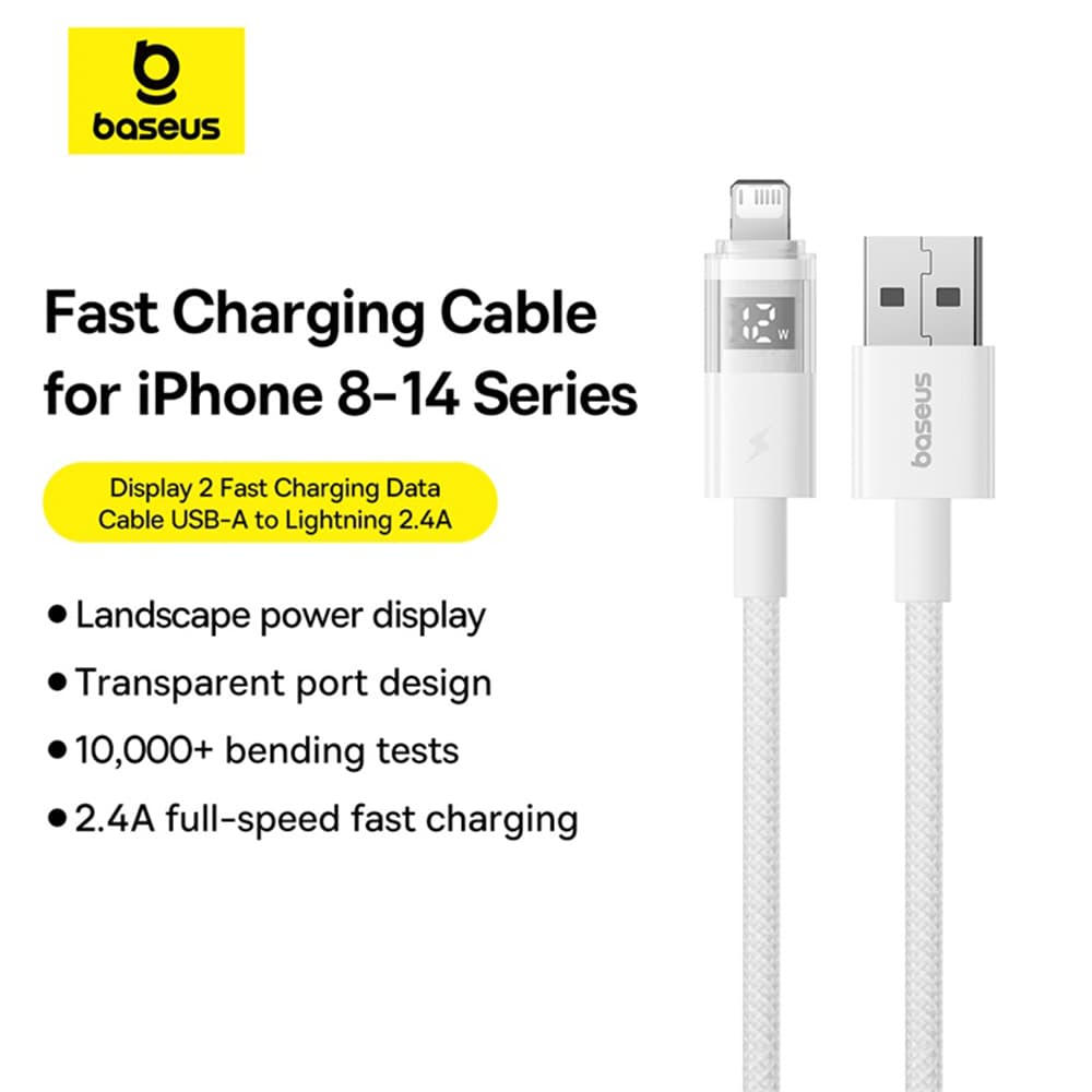 Baseus Data Cable Display 2 USB na Lightning Rychlé nabíjení Digitální displej 2.4A 2m Měsíční bílá - náhled 4