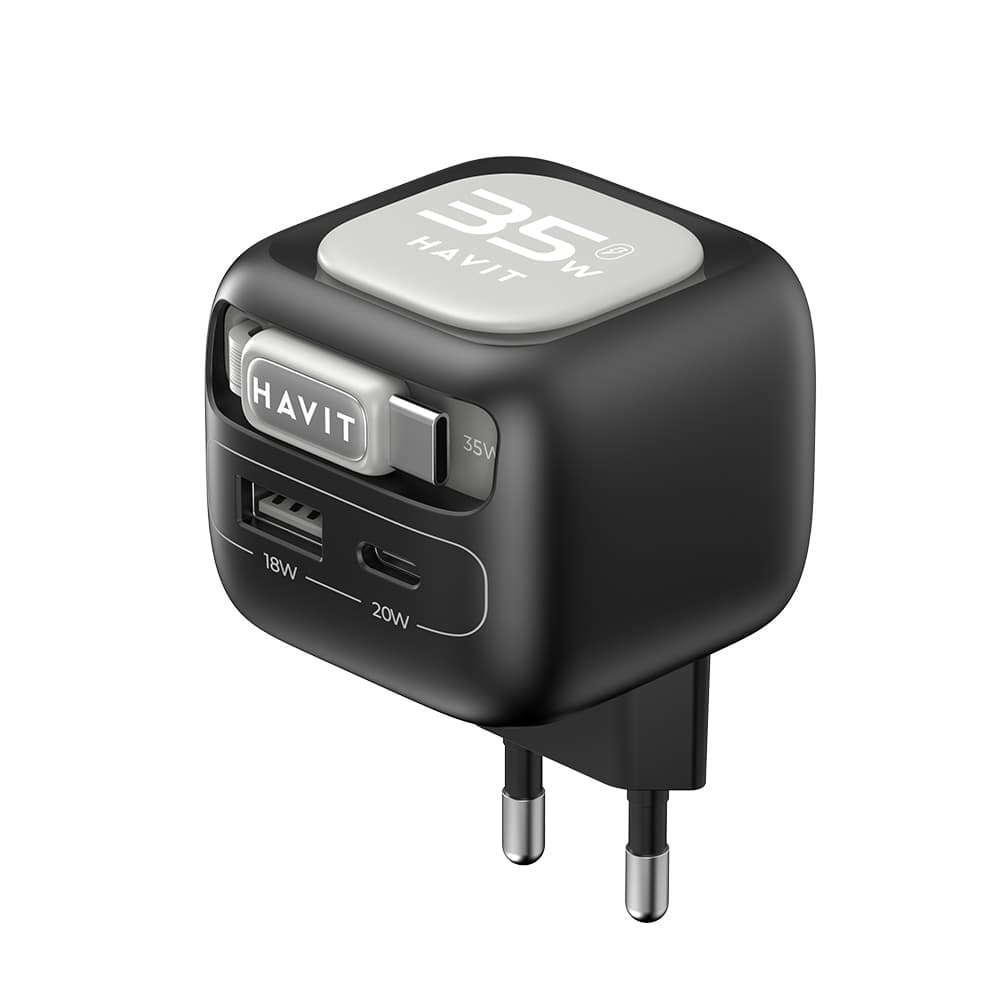 Nabíječka Havit UC251 EU s výsuvným kabelem Type-C USB GaN 35W černá šedá - náhled 4