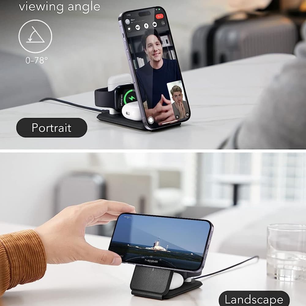 ESR Premium 3v1 cestovní bezdrátová nabíječka s taškou pro iPhone Apple Watch AirPods Qi2 15W černá - náhled 4