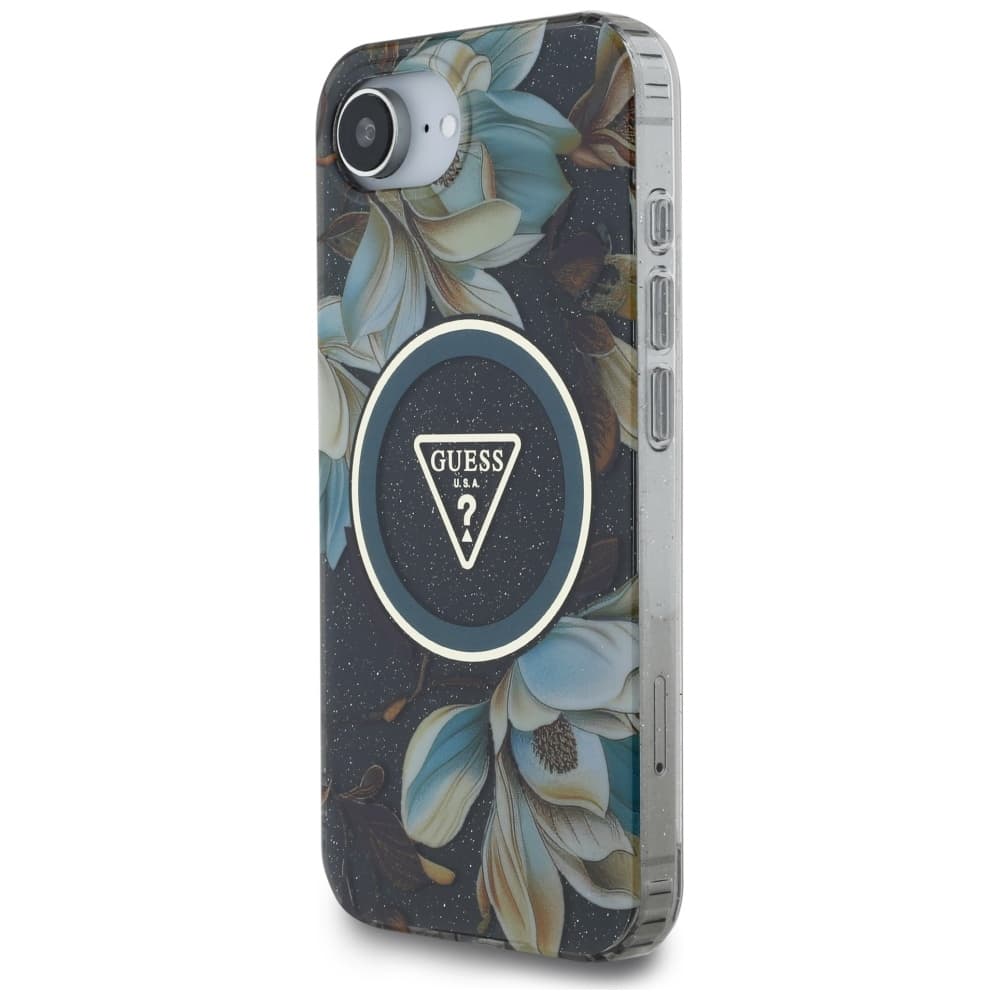 Guess IML Metal Glitter Flowers Triangle MagSafe iPhone 16e černý - náhled 4