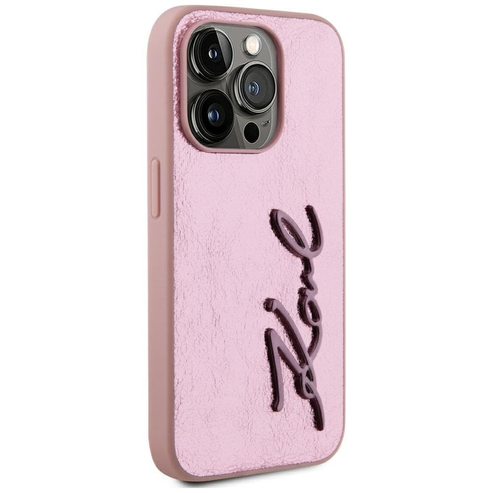 Karl Lagerfeld Hardcase Leather iPhone 15 Pro Růžová Metal Signature - náhled 4
